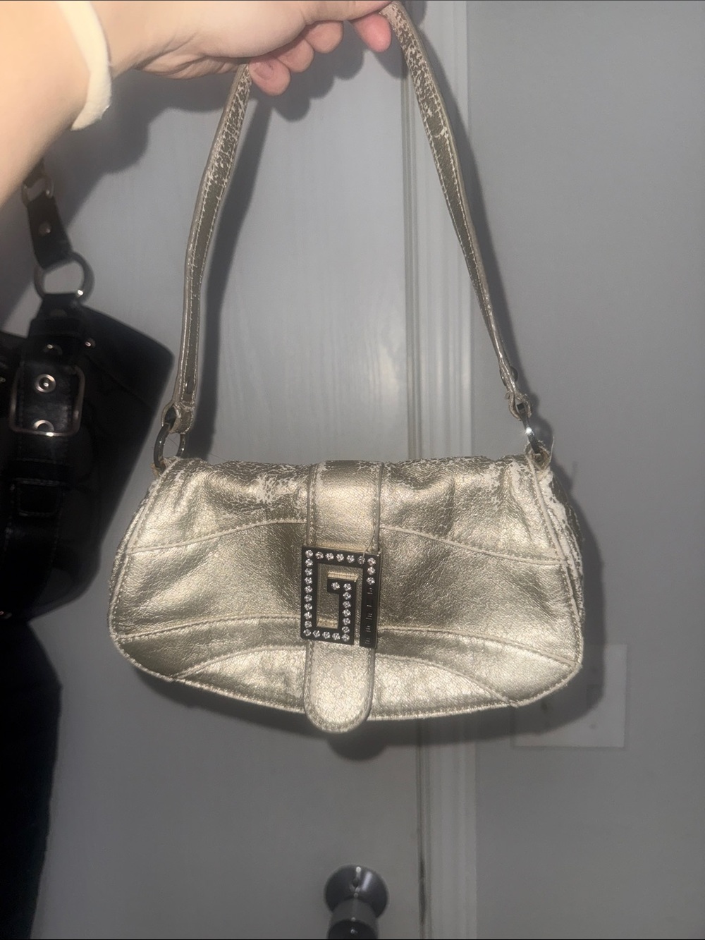 Guess Metallic Silver Shoulder Bag with Crystal-Embellished Logo